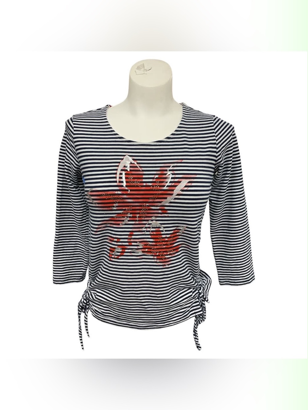 Laura Navy & White Striped Long-Sleeve Tee with Red Floral Sequin Accent Size XS